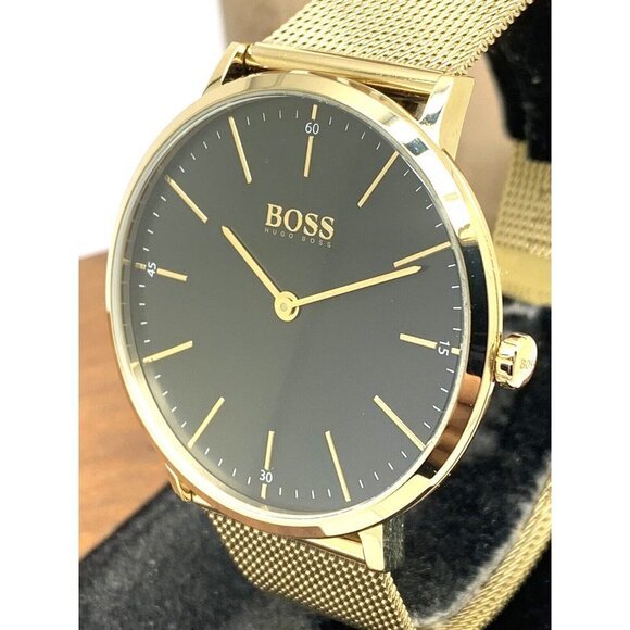Hugo Boss Men's Watch 1513735 Horizon Quartz Black Dial Gold Steel Mesh … - Picture 12 of 13